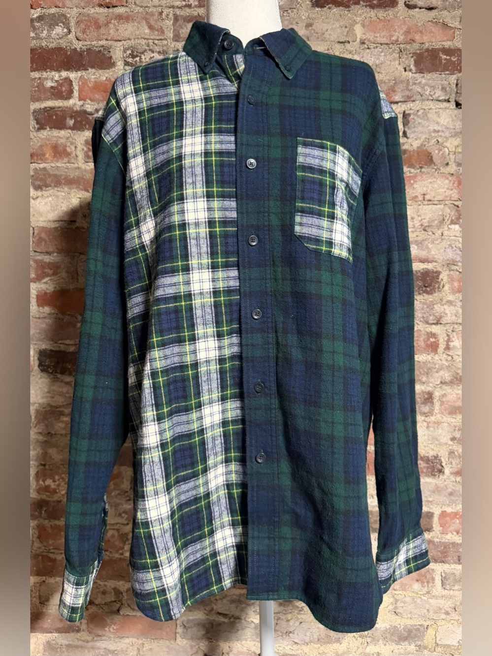 LL Bean Classic Green & Navy Plaid Patchwork Button-Up Shirt, Men’s Medium
